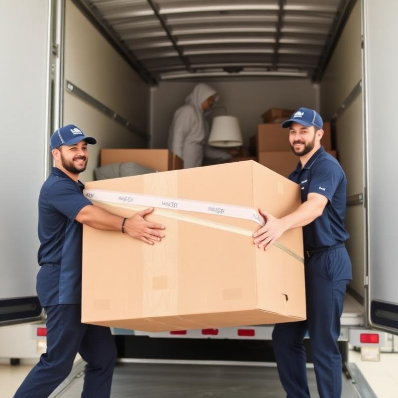Movers carrying a wrapped box into the truck