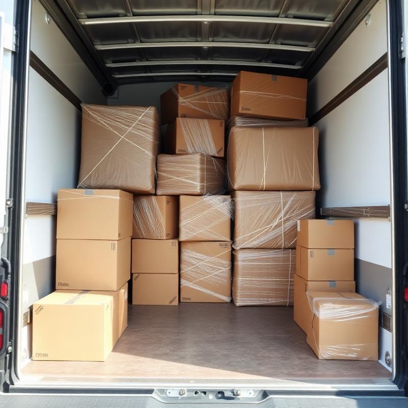 Neatly secured boxes inside a moving truck