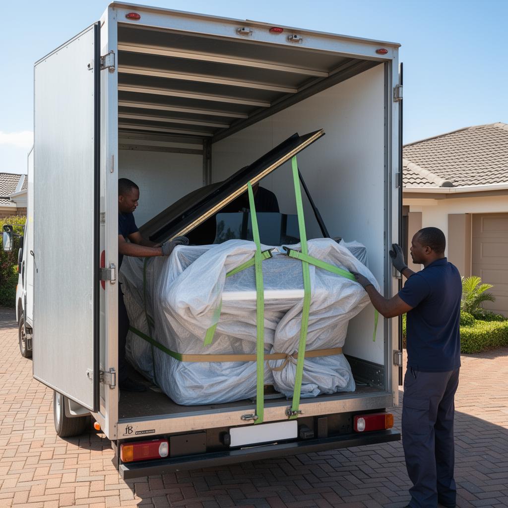 Movers securing a grand piano with protective blankets inside a moving truck
