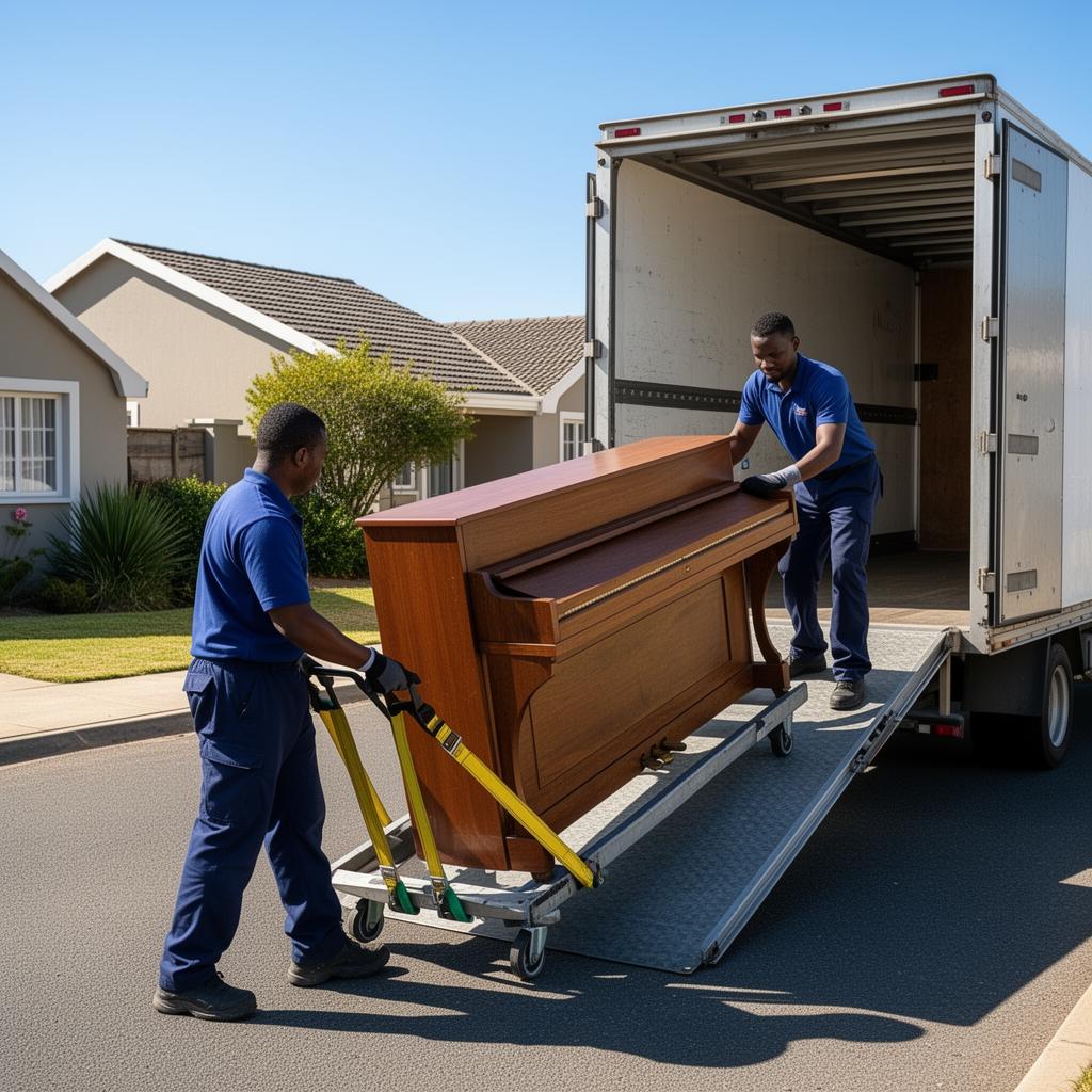 Movers wheeling an upright piano down a truck ramp