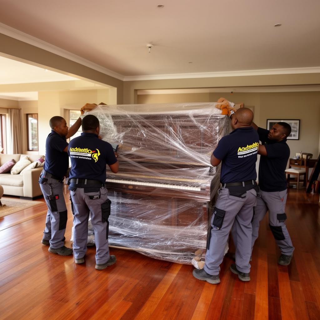 Team carefully lifting a wrapped upright piano in a home