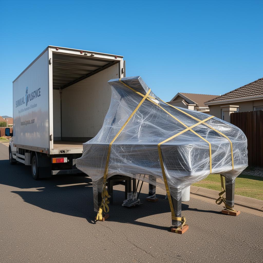 Grand piano wrapped and secured next to an open moving truck